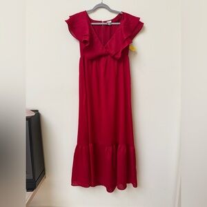 Red maxi dress, flowy, ruffle sleeves, deep V dress